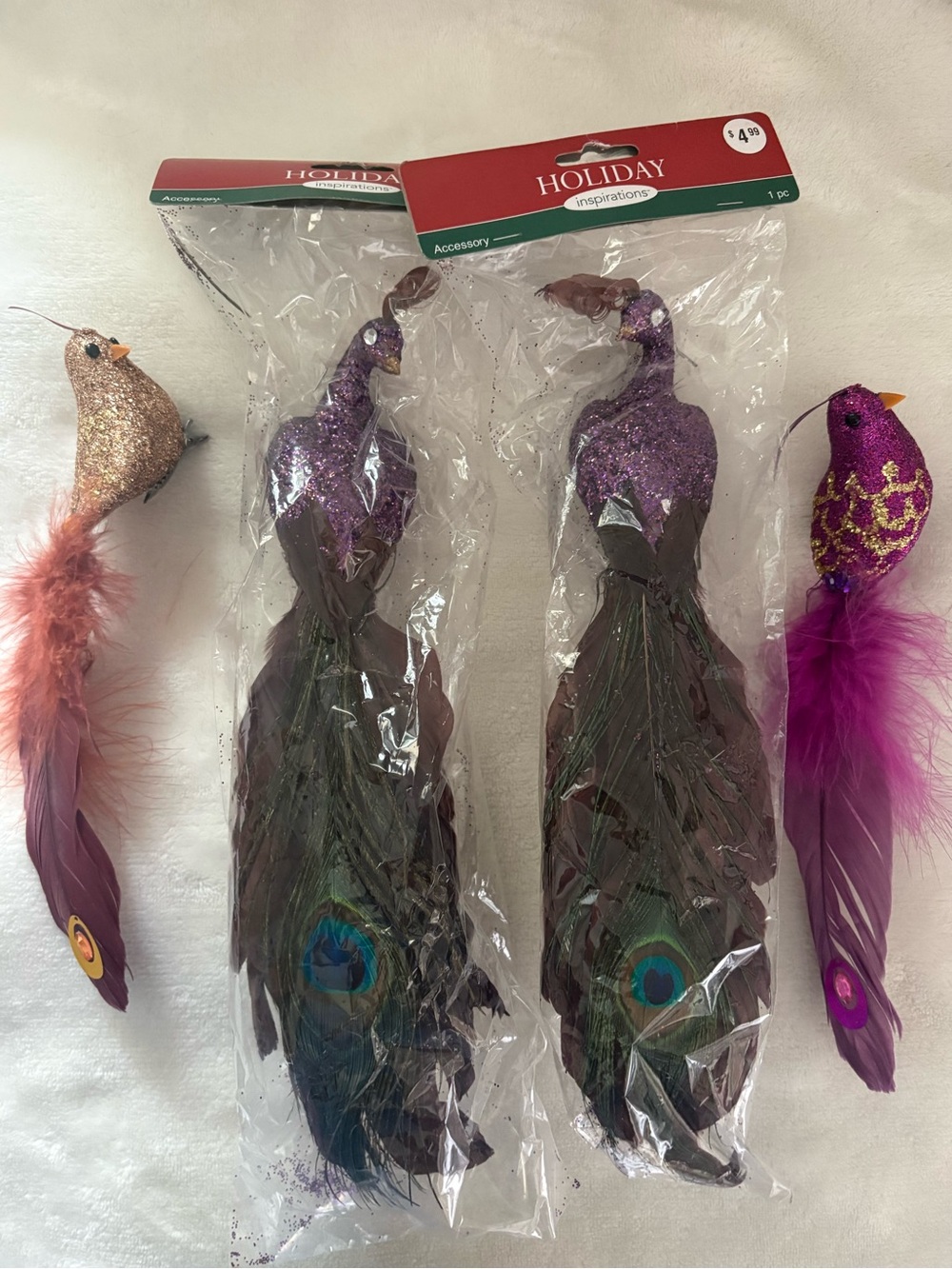 Peacock Bird Clip On Ornaments Glitter Feather Jewel Tone Christmas Decor (4)